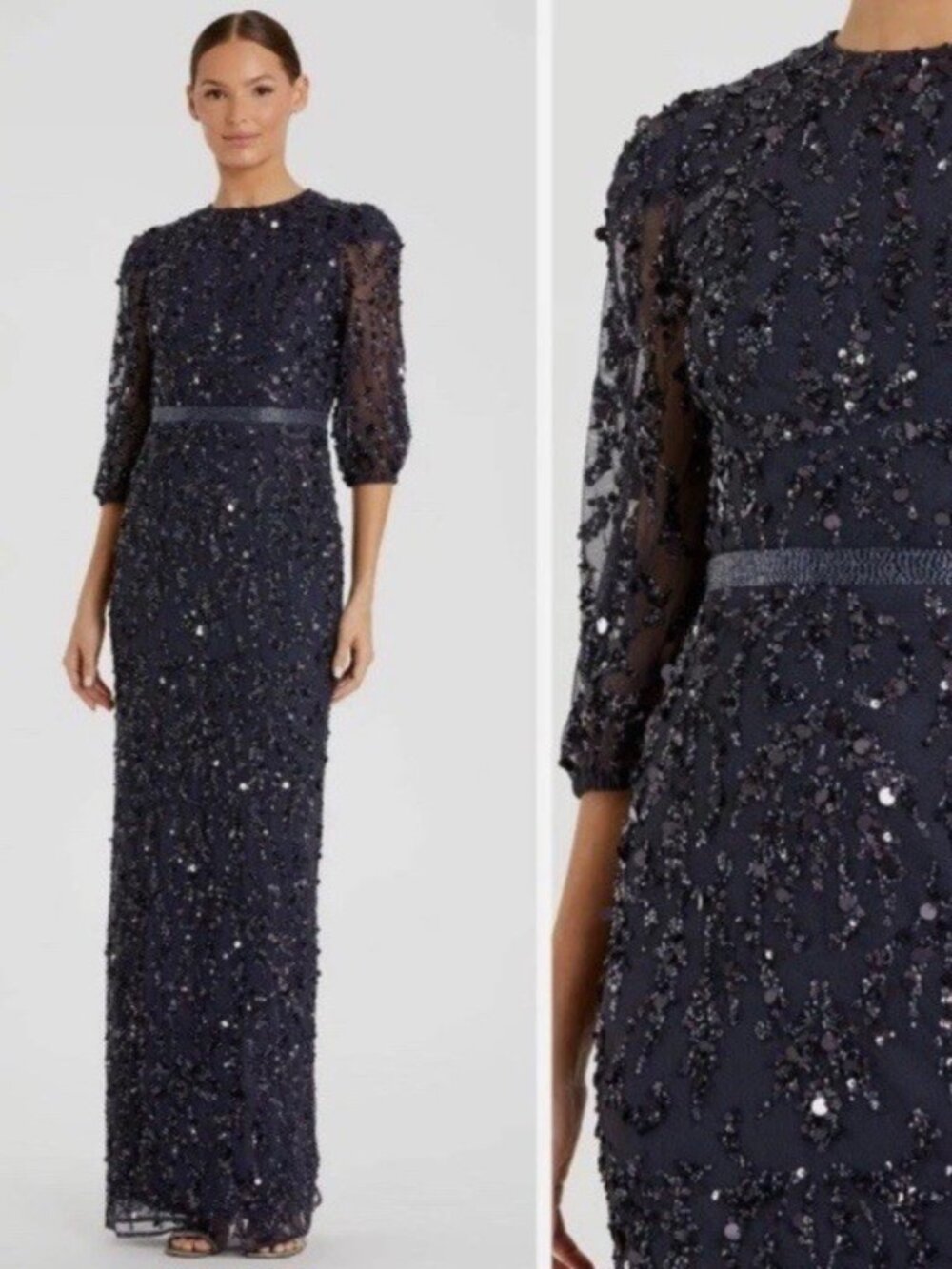 MAC DUGGAL Size 4 Navy Blue 93790 Embellished Column Gown Dress 3/4 Sleeves NWT